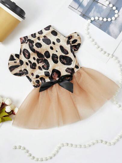 PETSIN 1pc Velvet Leopard Print & Mesh Tulle Pet Dog/Cat Dress, Universal Style Pet Clothing