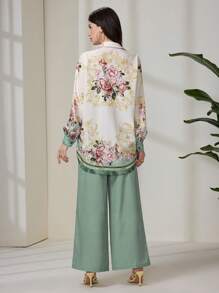 Mulvari 2 件套女士优雅花卉印花长袖上衣和裤子套装 - 彩色 - 查看 5