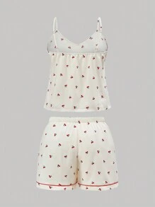 ROMWE Kawaii Plus Size Casual Country Style Loose Strap Shorts & Home Wear Set, Suitable For Summer - Beige - View 2