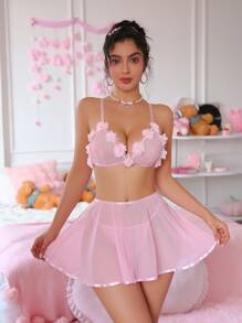 SHEIN 3 件套浪漫花朵荷叶边下摆裙子和内衣套装，性感 - 粉色 - 查看 5