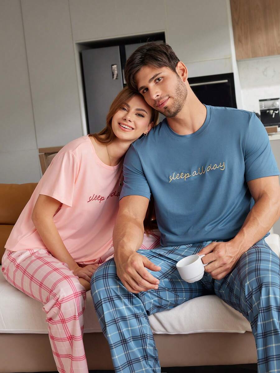 女士休闲圆领短袖上衣和长裤家居服套装 - 彩色 - 查看 1