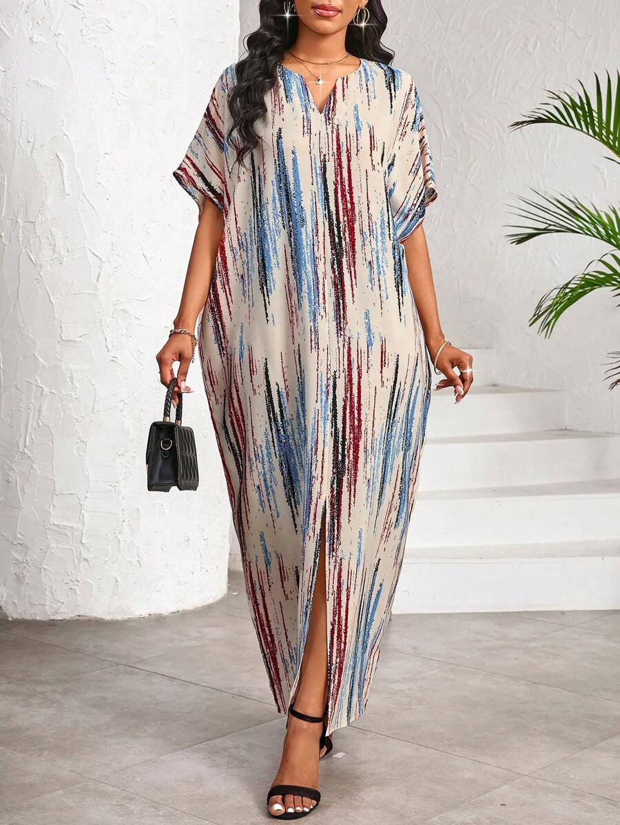 SHEIN Lady Elegant Casual Work Party Striped Print V Neck Slit Butterfly Sleeve Women Dresses Long Dress For Summer Maxi Boho Resort - Multicolor - View 1