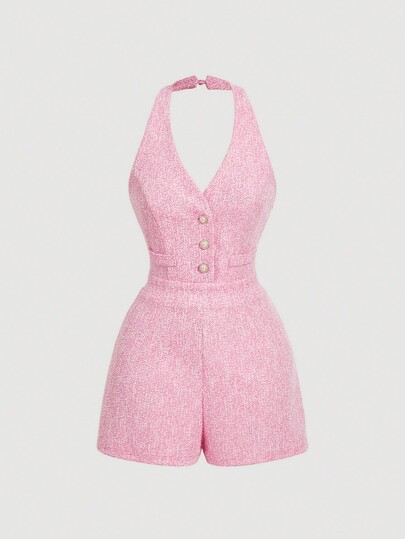 SHEIN MOD Women Tweed V-Neck Sleeveless Pearl Button Jumpsuit, Pink Jumpsuit,Professional Women Clothes,Office Women Outfits,Summer Women Dresses