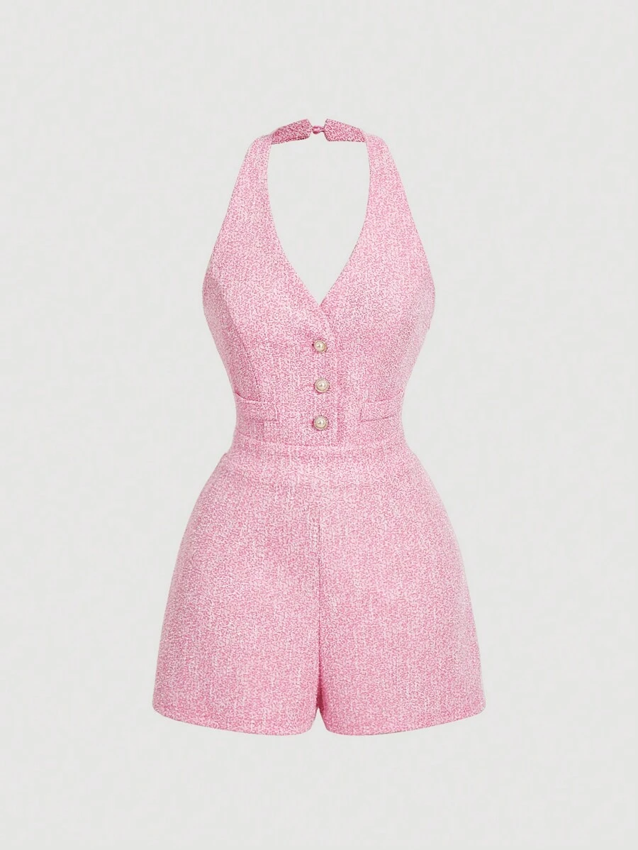 SHEIN MOD Women Tweed V-Neck Sleeveless Pearl Button Jumpsuit, Pink Jumpsuit,Professional Women Clothes,Office Women Outfits,Summer Women Dresses - Pink - View 1