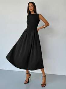 Aloruh Vestidos largos elegantes de mujer con cuello redondo, mangas cortas, espalda ajustada y mangas de campana - Vestidos elegantes de verano para mujer - Vestidos de vacaciones - Vestidos de mujer - Vestidos de verano de mujer - Vestidos negros de mujer - Vestidos de cumpleaños de mujer