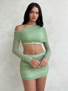Aloruh 女士性感优雅不对称单肩上衣和超短紧身裙两件套，薄荷色，适合度假两件套女士度假装女士两件套女士沙滩装 - 薄荷綠 - 查看 7