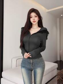 Mulvari 女士长袖拉链连帽拼接蕾丝修身上衣 - 灰色 - 查看 6