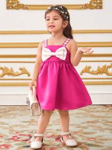 SHEIN Đầm hai dây ren viền bèo nhún phối nơ nhiều màu thanh lịch cho bé gái - Màu Hồng Tươi - Xem 5
