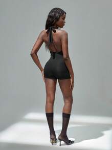 TRNVIE Primavera Novo Preto Casual Elegante Senhoras Profundo Decote Em V Frente Torcida Bodycon Elástico Confortável Macacão - Preto - Ver 2