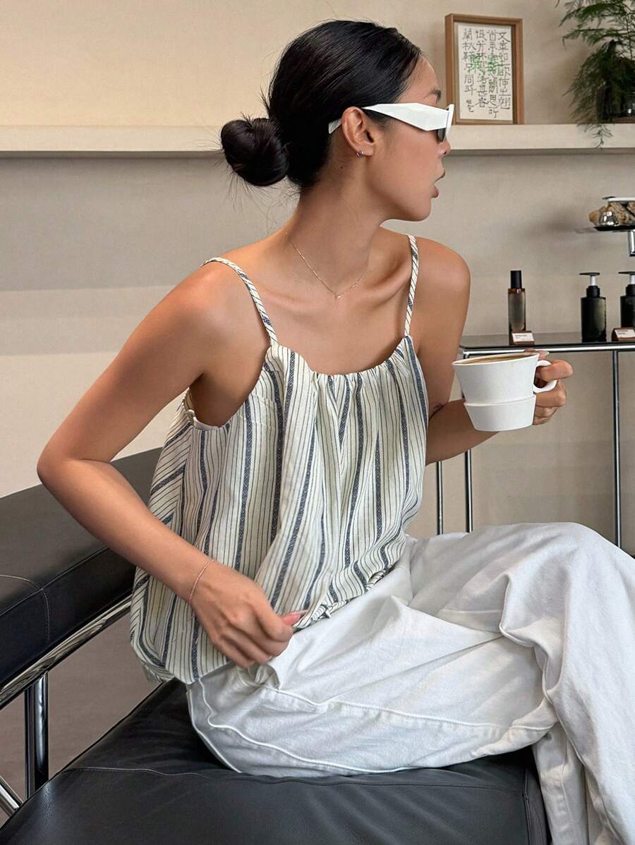 DAZY 女士宽松条纹吊带背心，休闲百搭夏季上衣 - 黑色 - 查看 1