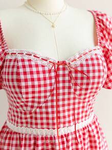 Soleia Plus Size Women's Boho Vacation Rustic Romantic Red Plaid Sweetheart Neck Ruffle Short Sleeve Waisted A-Line Dress, For Summer - Multicolor - View 7