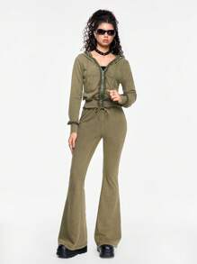 ROMWE Grunge Punk Ensemble 2 pièces femme, style vintage sexy, Y2K, punk, avec fermeture éclair et effet délavé