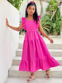 SHEIN Leap Crew SLAYR KIDS Tween Girl Vacation Casual Plain Color Woven Ruffle Sleeve Square Neck Dress - Hot Pink - View 3