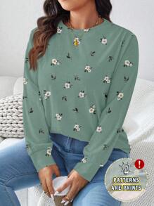 SHEIN LUNE Plus Size Women Loose Floral Print Round Neck Long Sleeve T-Shirt For Autumn & Winter - Green - View 1