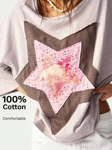 Bohemela 女士休闲纯色针织圆领半袖超大 T 恤，带刺绣五角星图案