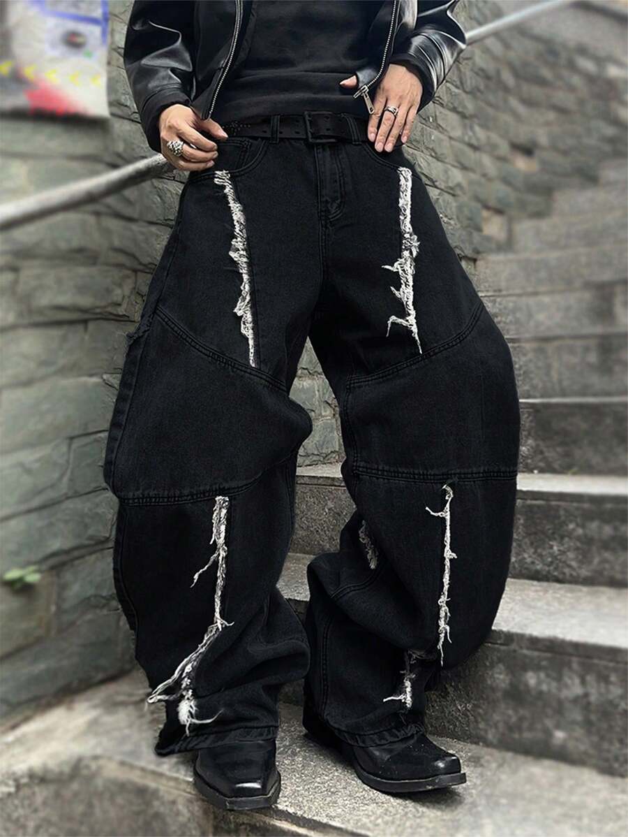 Manfinity EMRG Men's Contrast Color Block Pocket Casual Loose Fit Jeans, Emo Style, Grunge - Black - View 1