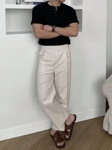 DAZY 男士纯色直筒休闲西装裤，夏季 - 杏色 - 查看 6