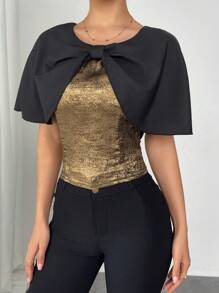 SHEIN Unity Women's 2024 New Design Elegant Cap Sleeve Casual Shirt - Black and Gold - View 5