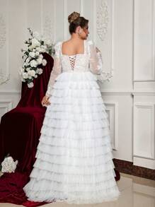 Glamrae 大码优雅白色对比心形领长袖透明刺绣拼布薄纱 A 字型婚纱 - 白色 - 查看 3