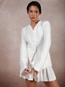 COSMINA 2pcs Women's Solid Color Front Button Up Blouse And Skirt Set - White - View 7
