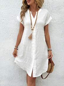EMERY ROSE 女士休闲纯色前扣短款度假连衣裙 - 白色 - 查看 4