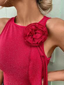 SHEIN LUNE New Red 3D Handmade Flower Ribbon Sequins Decor Tank Top, Suitable For Summer, Spring, Valentine's Day, New Year
