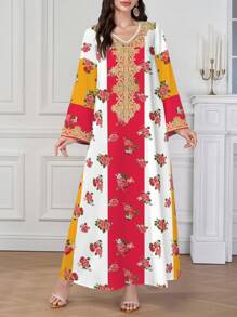 Al Najma 女士花卉印花 V 领长袖阿拉伯连衣裙，素雅长袍 - 彩色 - 查看 1