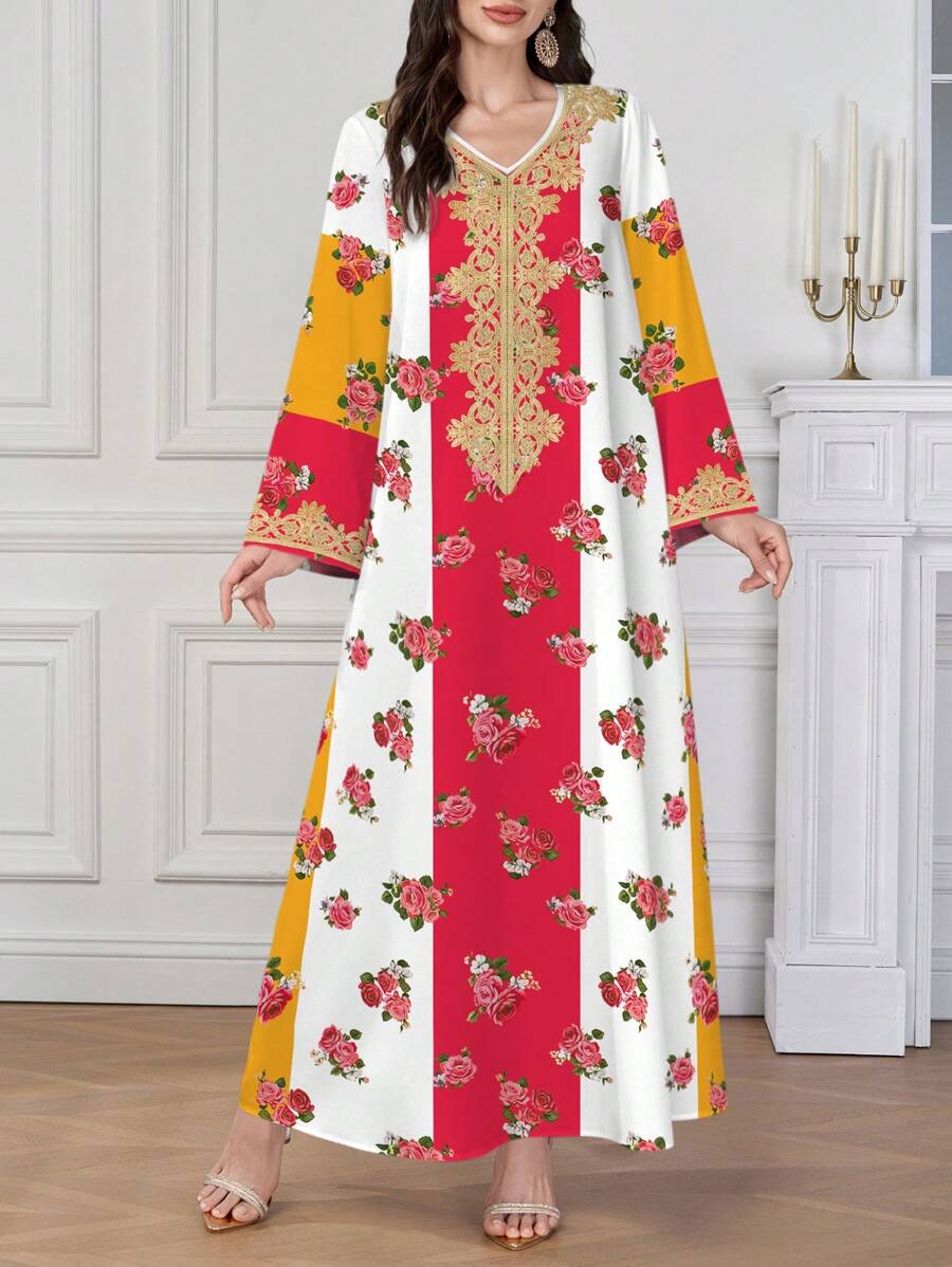 Al Najma 女士花卉印花 V 领长袖阿拉伯连衣裙，素雅长袍 - 彩色 - 查看 1