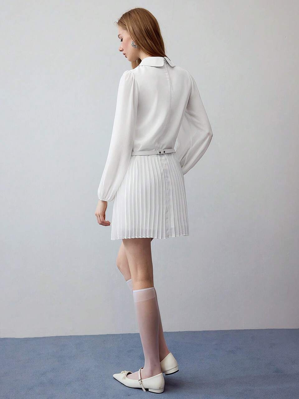 MOTF STUDIO FAUX LEATHER COLLARED AND BELTED PLEATED HEM MINI DRESS, LONG SLEEVE SPRING WHITE DRESS