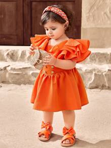 Travachic KIDS Baby Mädchen Set mit rüschenbesetztem Saum bestehend aus orangefarbenem Kurzarm-Top und Rock, 2-teilig, Sommer - Orange - Übersicht 3