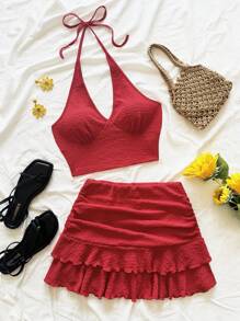 Soleia 2pcs Women's Dark Red Summer Boho Vacation Holiday Knit Texture V-Neck Backless Halter Tie-Up Bow Cropped Camisole&Ruched Ruffle Hem Mini Skirt Set - Red - View 1