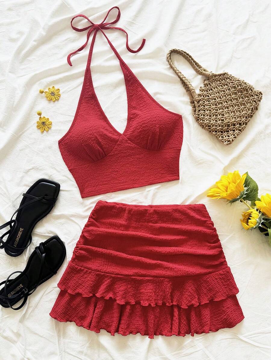 Soleia 2pcs Women's Dark Red Summer Boho Vacation Holiday Knit Texture V-Neck Backless Halter Tie-Up Bow Cropped Camisole&Ruched Ruffle Hem Mini Skirt Set - Red - View 1