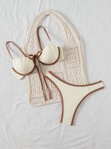 SHEIN Conjunto de bikini con parte superior e inferior con ribete contrastante, para uso en verano y vacaciones en la playa - Multicolor - Ver 5