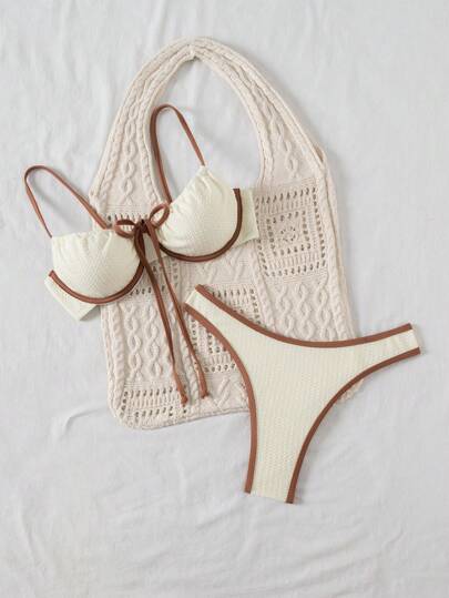 SHEIN Conjunto de Maiô Bikini com top e parte inferior com acabamento em contraste, para uso em férias de praia no verão
