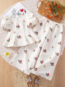 SHEIN Young Girl's Casual Fashion Ditsy Floral V-Neck Sleeveless Top And Straight Leg Pants Set - Apricot - View 2
