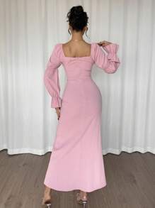 Rafferiza 莲藕袖高开叉收腰连衣裙，优雅粉色女士长裙，适合情人节 - 粉色 - 查看 2