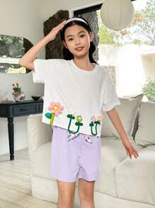 2 件套 青少年女孩舒适休闲度假可爱 3D 花朵装饰服装