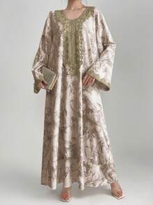 Al Najma Women's Tie Dye Lace Splice Bell Sleeve Arabic Style Dress, Modest Kaftan - Khaki - View 3