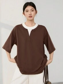 Dazy-Less Loose Business Casual Color Block Short Sleeve T-Shirt For Women Summer Old Money Style Oversized T-Shirt