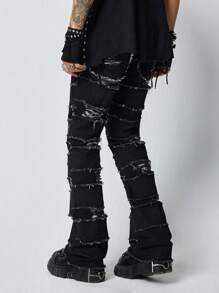 ROMWE MEN Grunge Punk 男士简约口袋毛边牛仔裤，休闲日常穿着 - 黑色 - 查看 6