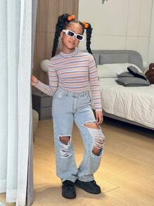 Slaydiva Tween Girls Casual Multicolor Striped Knit High Neck Long Sleeve Sweater - Baby Pink - View 8