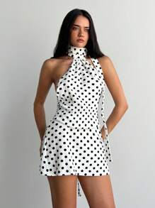 Aloruh 女士性感波尔卡圆点印花露背挂脖迷你连衣裙情人节露背连衣裙，夏季连衣裙春装，露背连衣裙 - 白色 - 查看 6