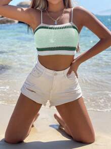 Breezaya Women's Contrast Color Hollow Out Cami Crop Knit Top - Multicolor - View 3