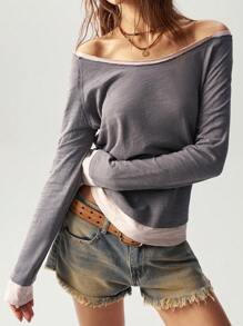 Bohemela Casual Knit Color Block Raglan Long Sleeve Fitted Regular Tee For Women - Black and White - View 10