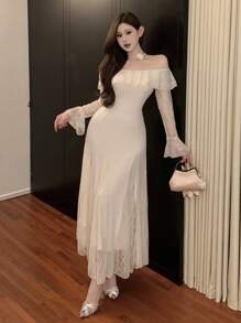 DAZY Elegante vestido largo de mujer con hombros descubiertos, manga larga, encaje y parches, vestido maxi con volantes - Blanco - Ver 8