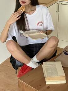 DAZY Camiseta de cuello redondo con estampado de corazón de manga corta de estilo minimalista para uso diario en verano, tops lindos