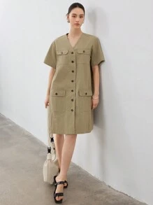 Dazy-Less Vestido de verão feminino estilo reto, estilo casual, com bolsos grandes e comprimento médio - Verde de Exercício - Ver 1