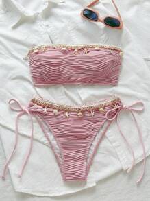 Swim Mod 夏季女士两件套纹理纯色贝壳吊带装饰挂脖系带比基尼套装，手工贝壳数量随机 - 粉色 - 查看 7