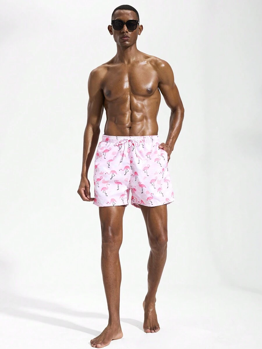 Surfspeed Men's Flamingo Print Drawstring Waist Beach Shorts Men Swim Trunks - Multicolor - View 1