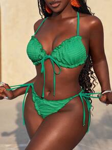 Slaydiva Ensemble bikini Top et bas à bretelles fines texturé unicolore pour femme, maillot de bain casual pour vacances à la plage en été